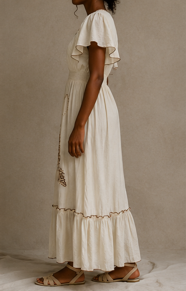 Vestido Longo Bege com Bordados Florais e Folhos — apresentação editorial