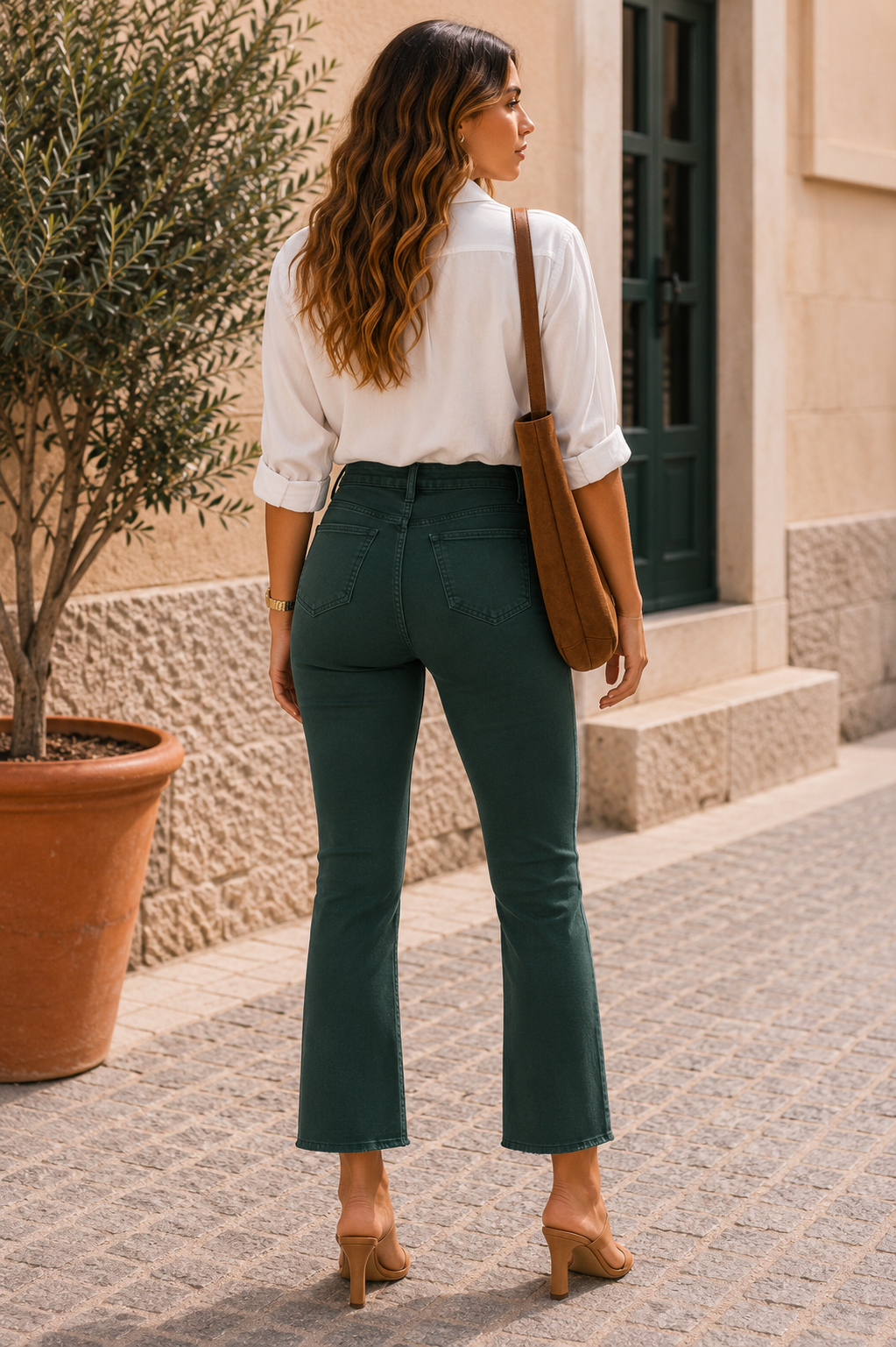 Push-up trousers that enhance the figure, in green and beige.