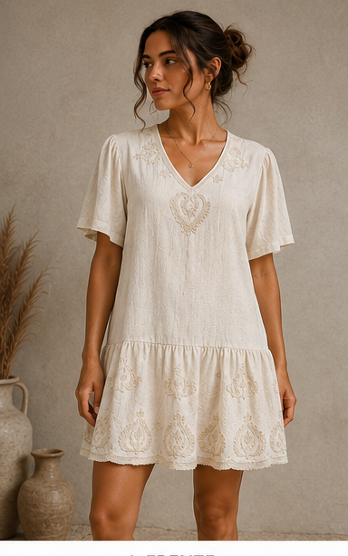 Vestido Curto Cru Boho com Bordados Florais — vista complementar