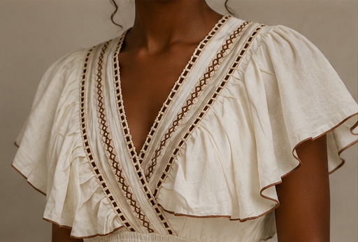 Vestido Longo Bege com Bordados Florais e Folhos — cor e acabamento