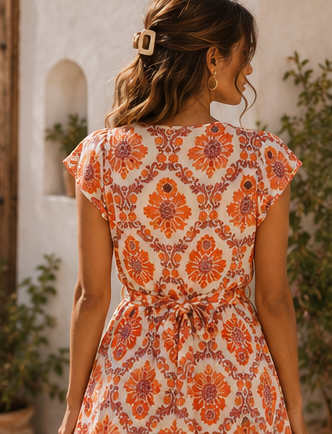 Vestido curto floral off-white com decote em V e mangas curtas fluidas, estampado coral e ameixa