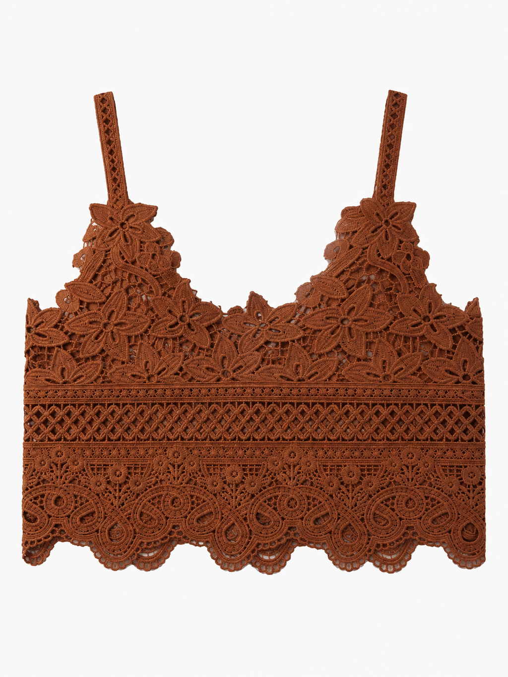 Top curto em renda floral — vista posterior com detalhe do fecho