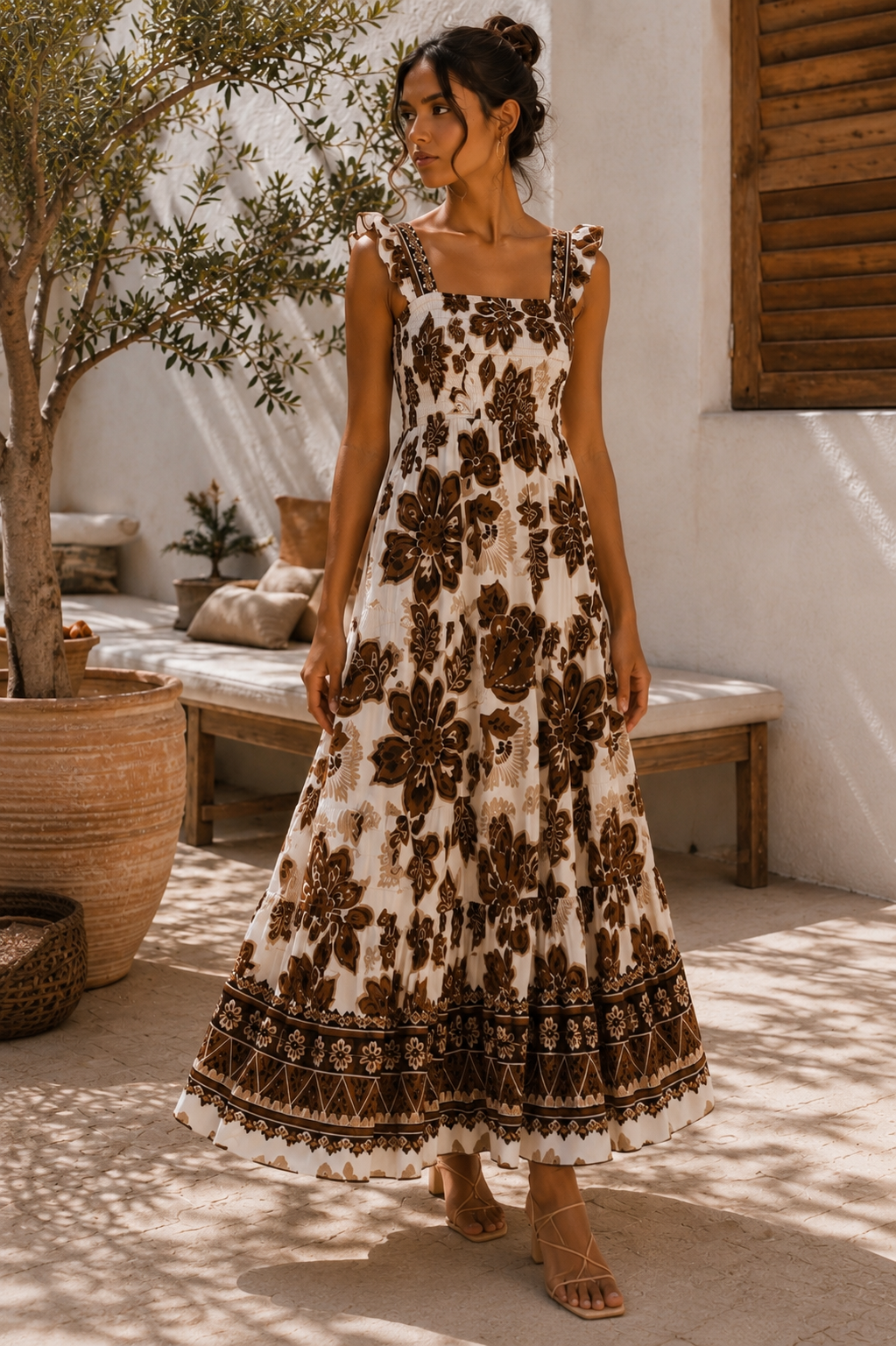 Vestido Longo Boho com Estampa Botânica — detalhes da peça