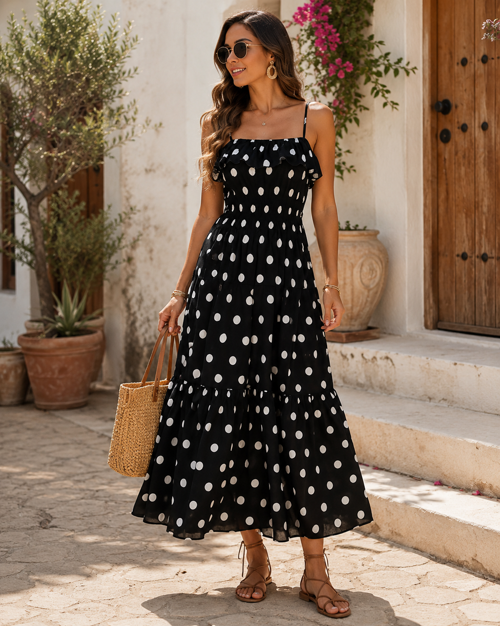 Vestido longo poá preto com bolinhas brancas e alças reguláveis, vista de frente