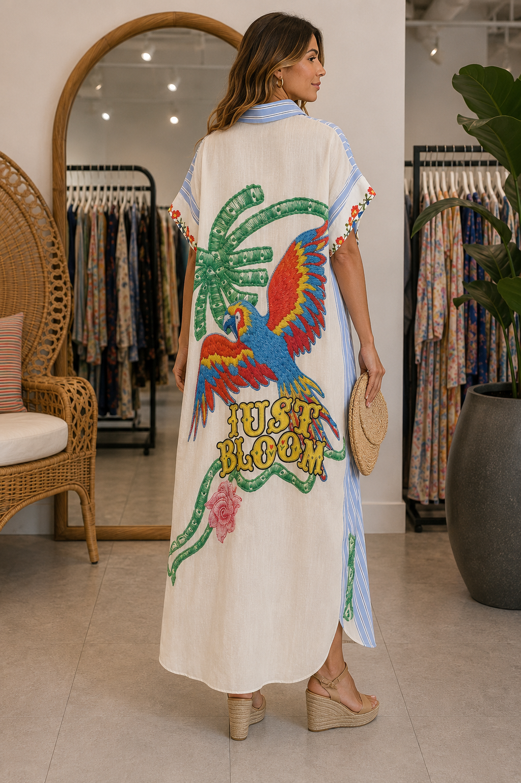 Vestido-camisa oversized tropical com papagaio e bordado JUST BLOOM visto de costas