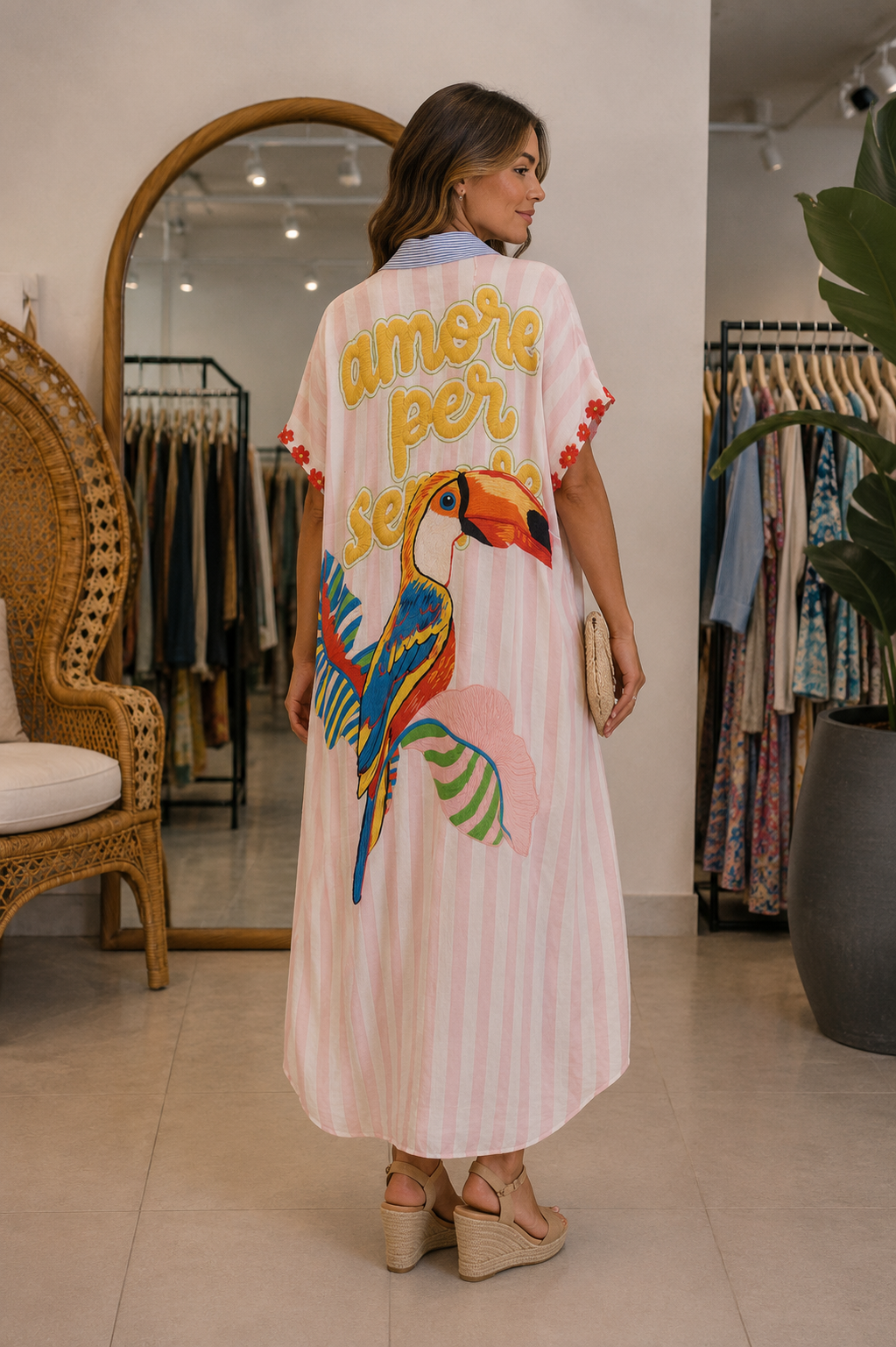 Vestido-camisa oversized tropical rosa com tucano e detalhe amore per sempre visto de costas