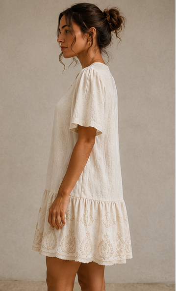 Vestido Curto Cru Boho com Bordados Florais
