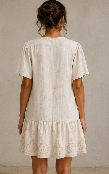 Vestido Curto Cru Boho com Bordados Florais — apresentação editorial
