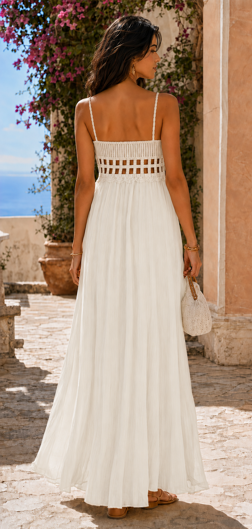Vestido Longo Bege com Corpo em Croché — detalhes da peça
