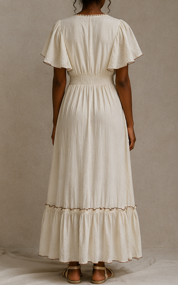 Vestido Longo Bege com Bordados Florais e Folhos — silhueta e corte