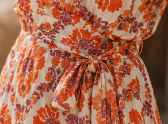 Detalhe da faixa floral ajustável do vestido curto off-white