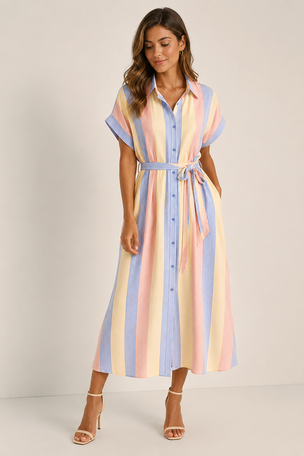 Vestido Camiseiro Longo às Riscas Pastel — apresentação editorial