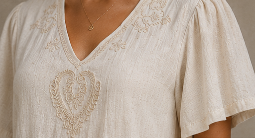 Vestido Curto Cru Boho com Bordados Florais — silhueta e corte