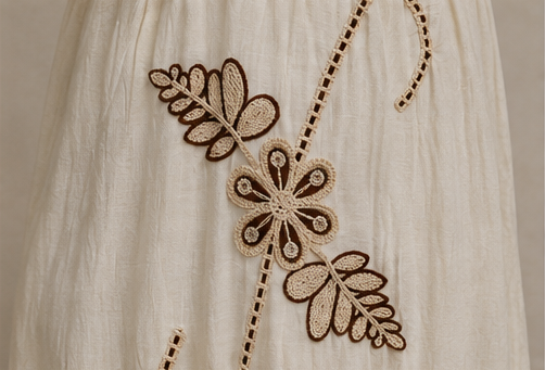 Vestido Longo Bege com Bordados Florais e Folhos — detalhes da peça