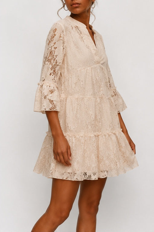 Vestido rendado romântico, totalmente forrado, com gola padre e manga três quartos.