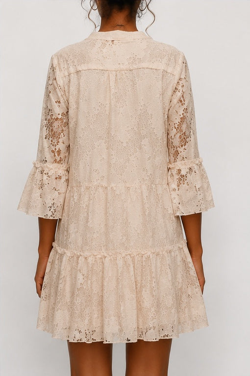 Vestido rendado romântico, totalmente forrado, com gola padre e manga três quartos.