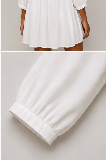 Vestido branco bordado floral, manga três quartos.