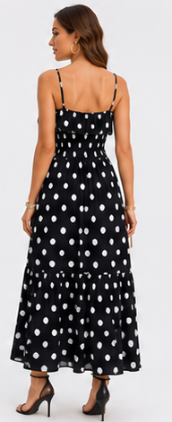 Vestido Longo Fluido Poá com Alças Reguláveis — composição do look