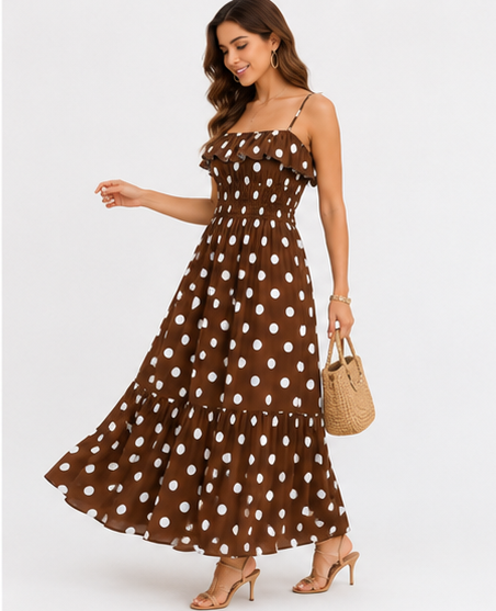 Vestido Longo Fluido Poá com Alças Reguláveis — detalhes da peça