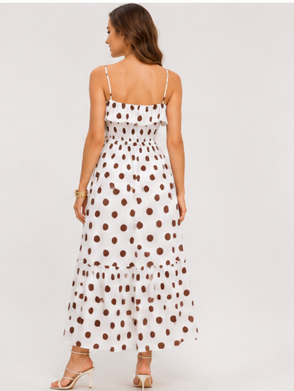 Vestido Longo Fluido Poá com Alças Reguláveis — silhueta e corte