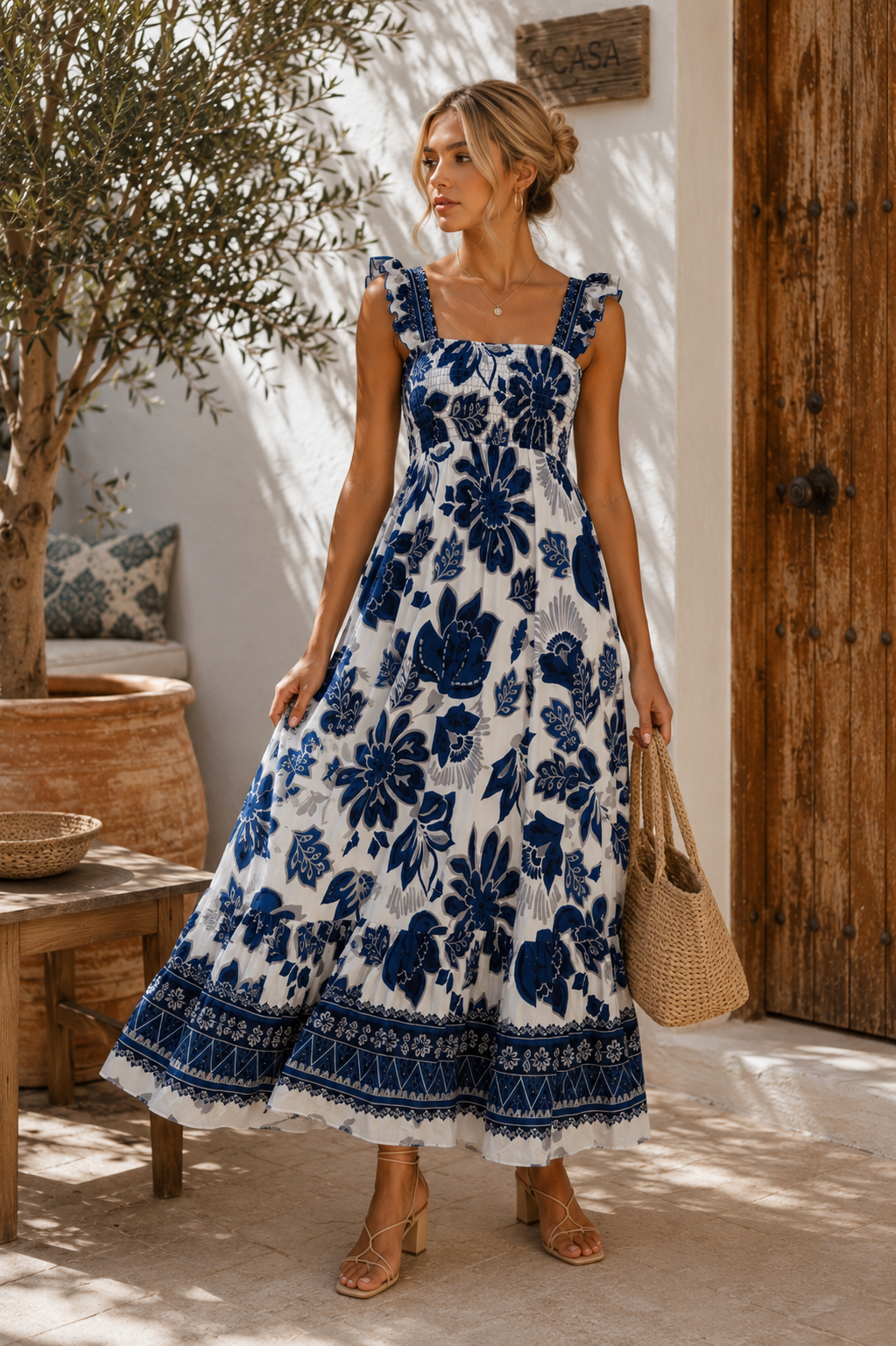 Vestido Longo Boho com Estampa Botânica — silhueta e corte