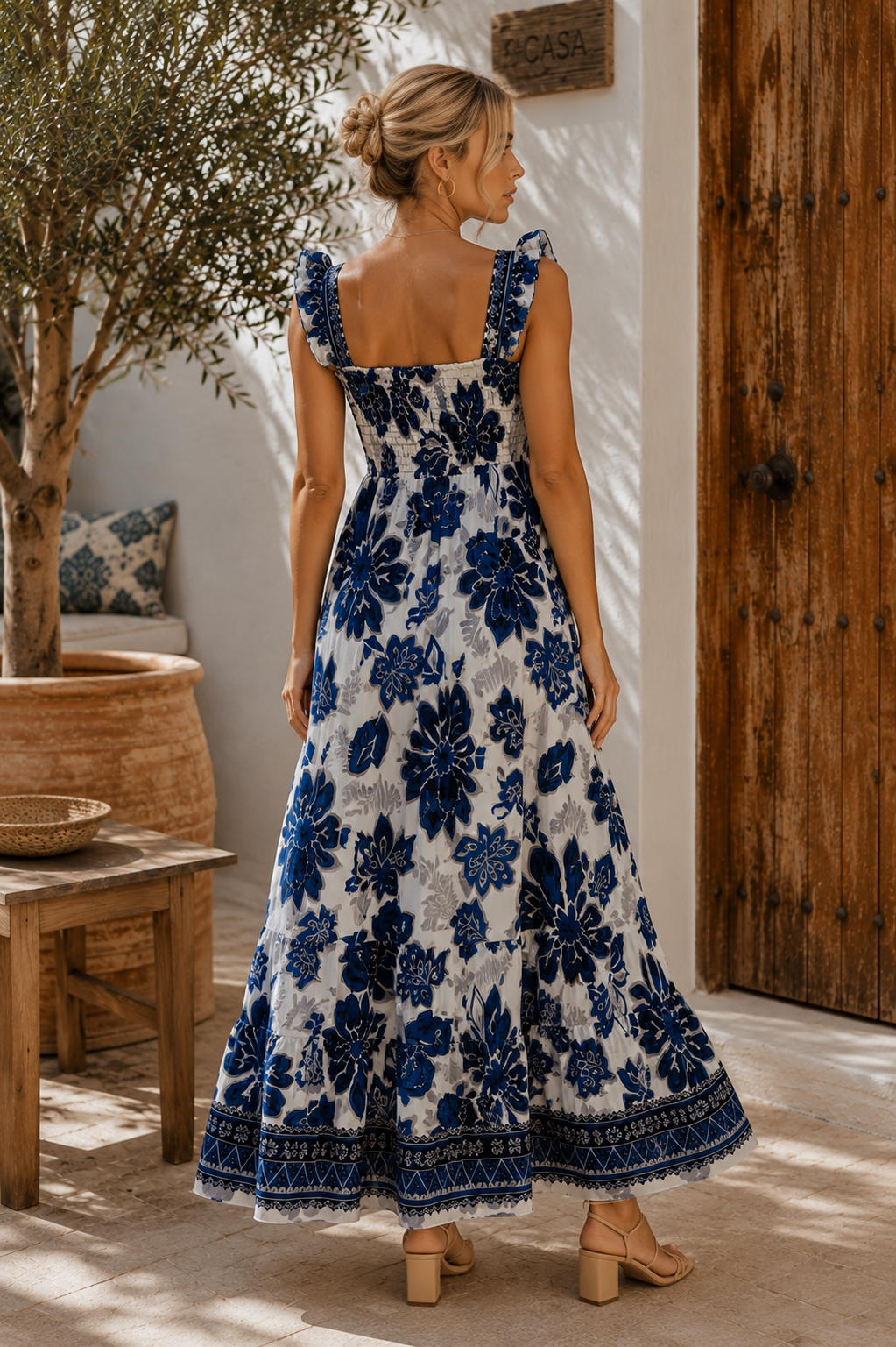 Vestido Longo Boho com Estampa Botânica — cor e acabamento