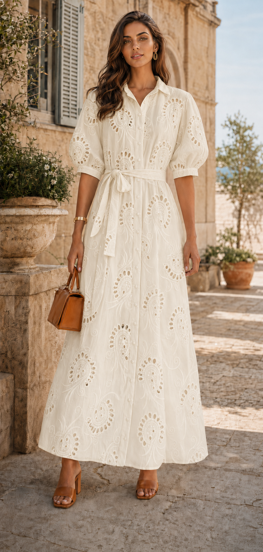 Vestido Camiseiro Creme em Bordado Inglês