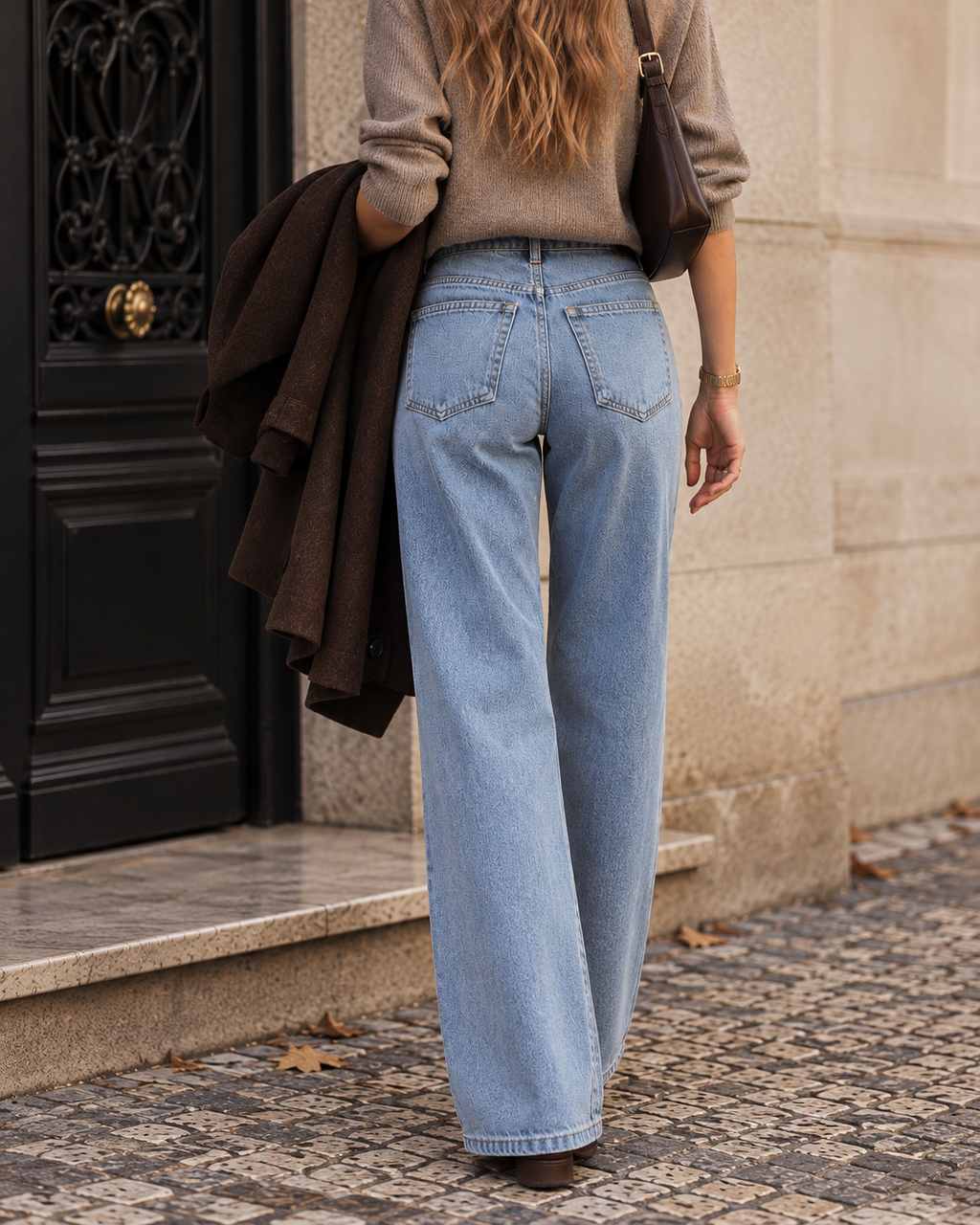 Costas lisas das calças wide leg em ganga azul-clara, com dois bolsos traseiros, vestidas em modelo