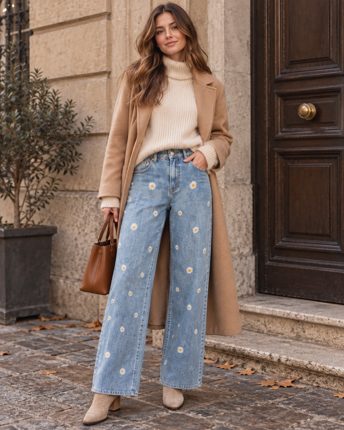 Calças wide leg em ganga azul-clara com margaridas bordadas, em look de dia frio com camisola creme e casaco camel