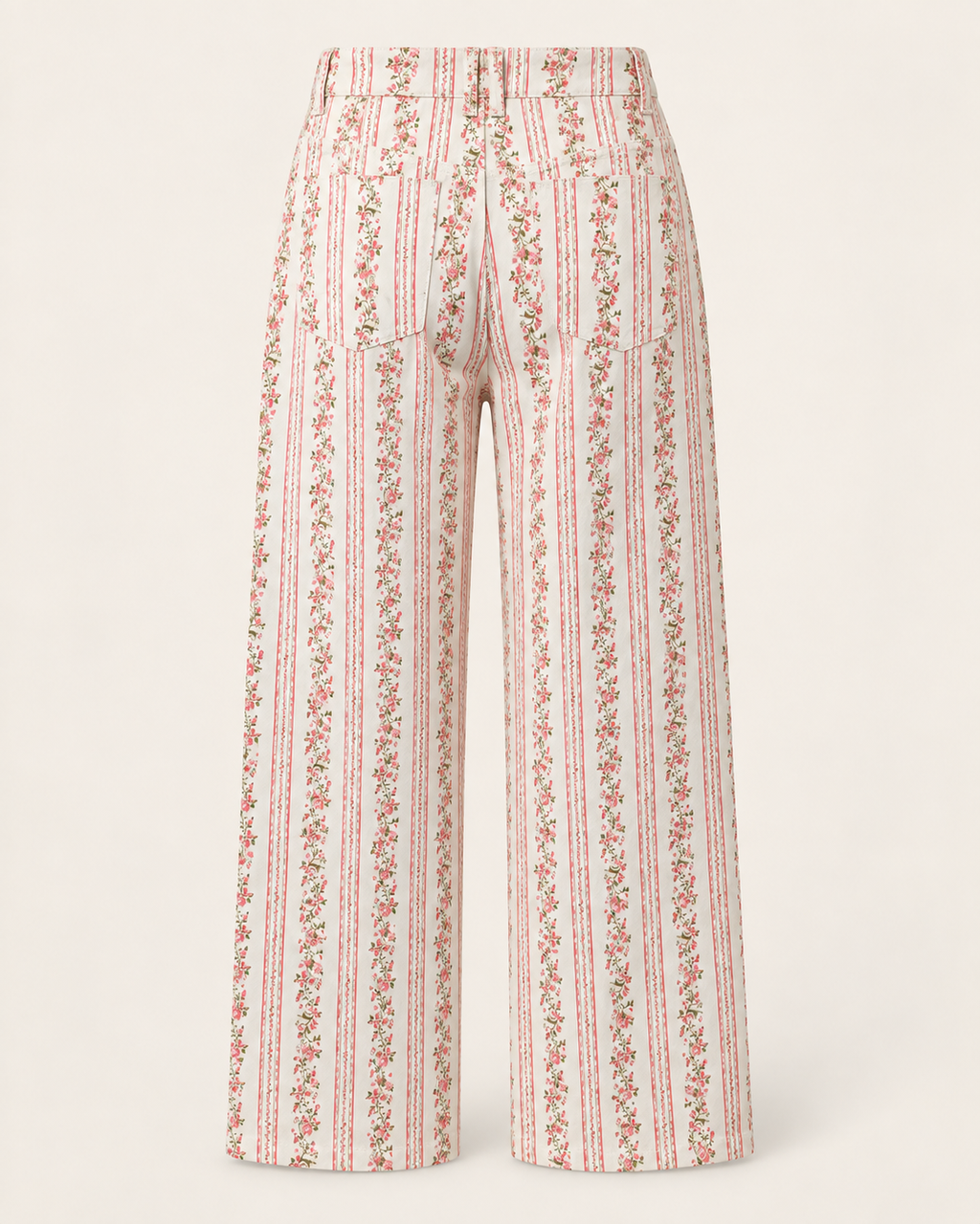 Calças wide leg florais às riscas rosa e verde, costas sem modelo