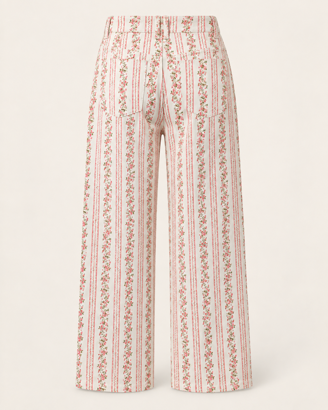 Calças wide leg florais às riscas rosa e verde, costas sem modelo