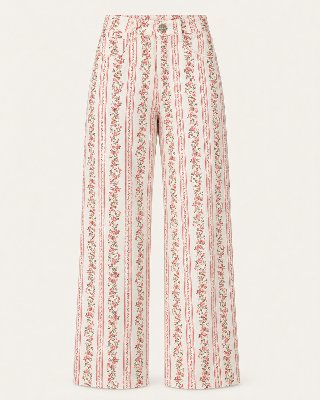 Calças wide leg florais às riscas rosa e verde, frente sem modelo