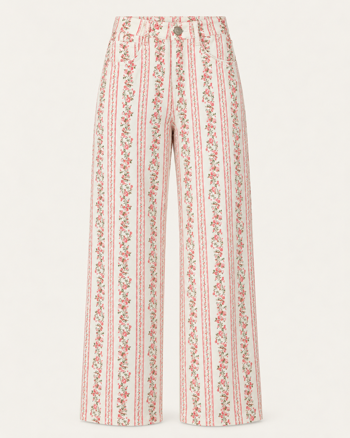 Calças wide leg florais às riscas rosa e verde, frente sem modelo