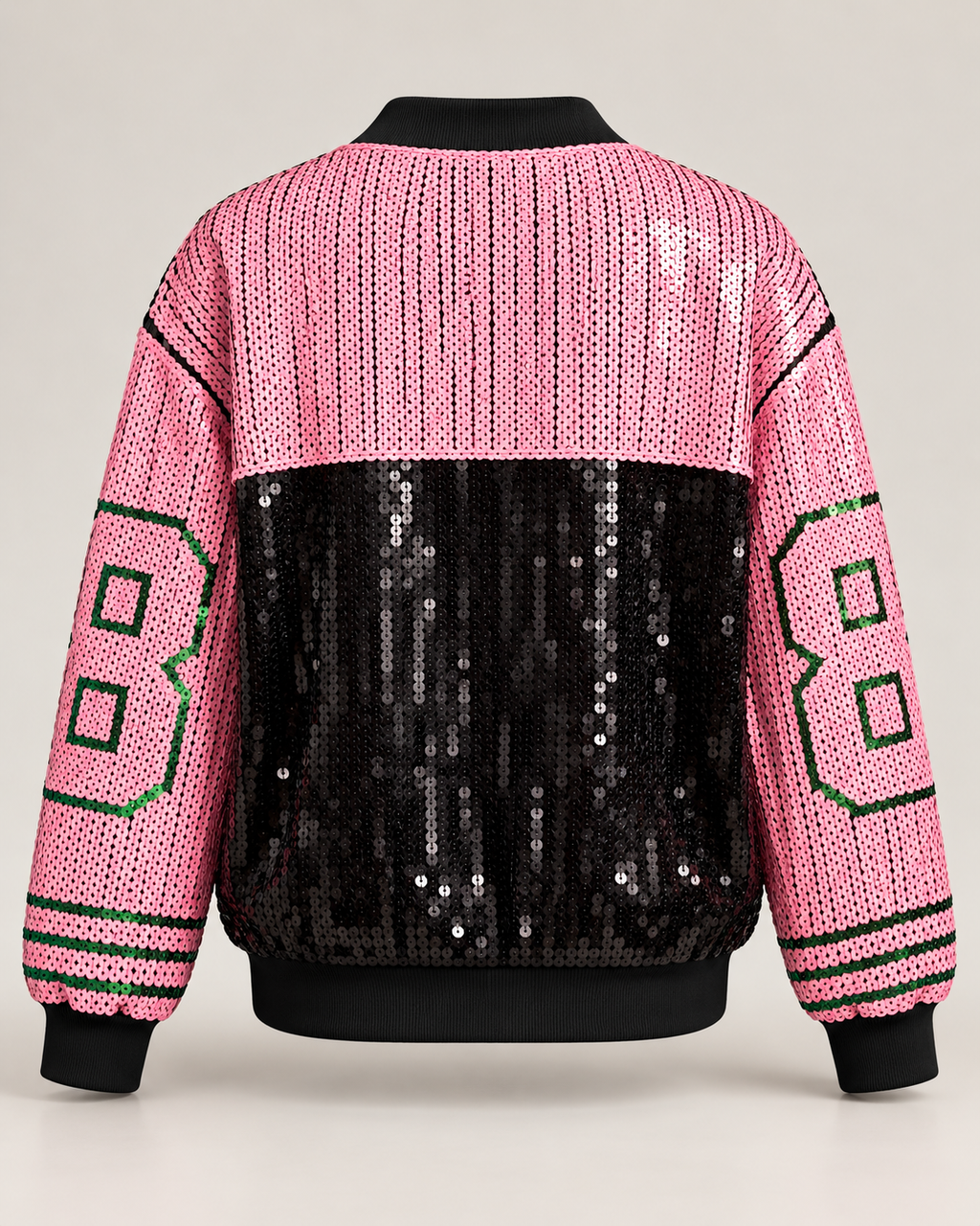 Bomber de lantejoulas rosa, verde e preto De Royal, peça vista de costas