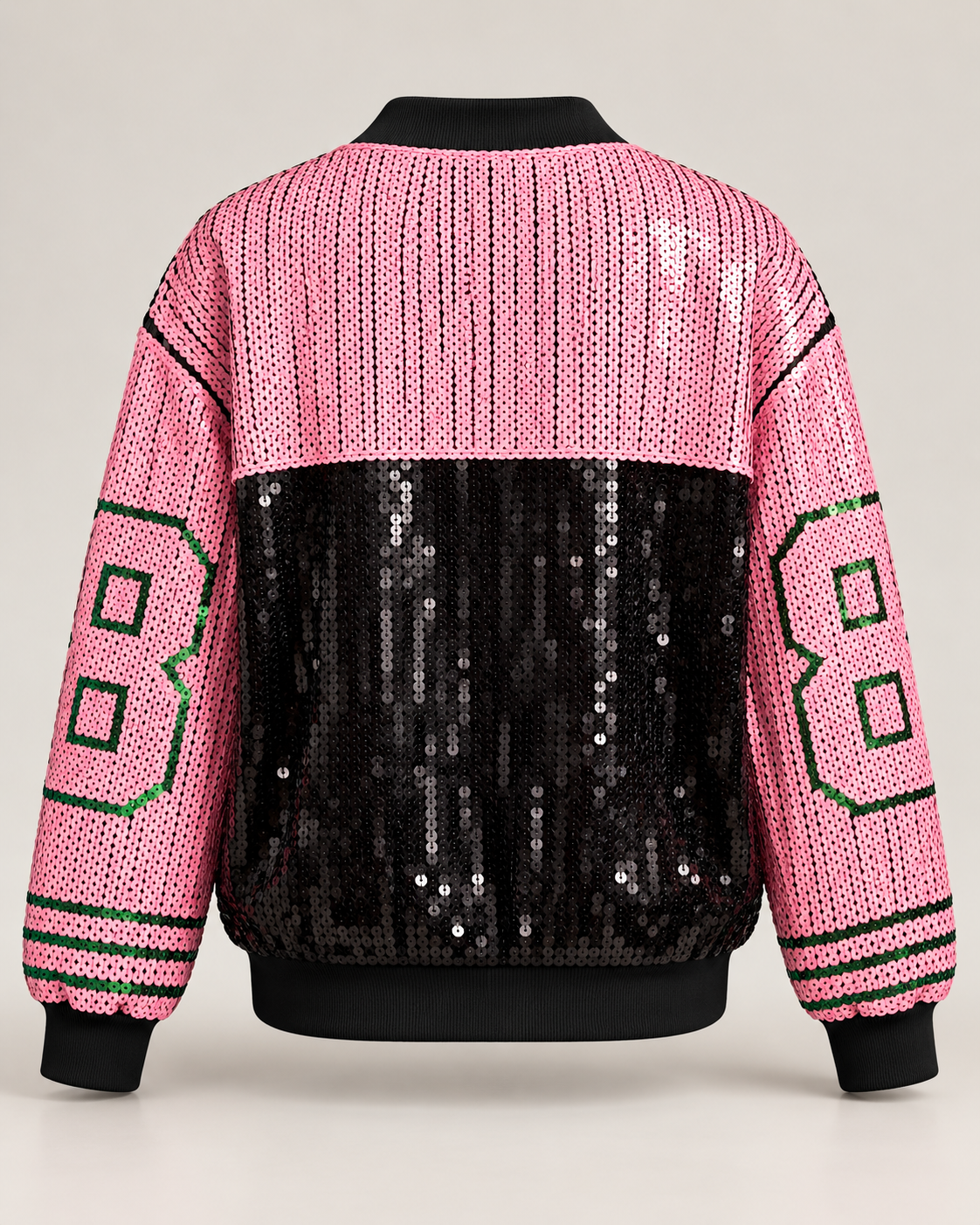 Bomber de lantejoulas rosa, verde e preto De Royal, peça vista de costas