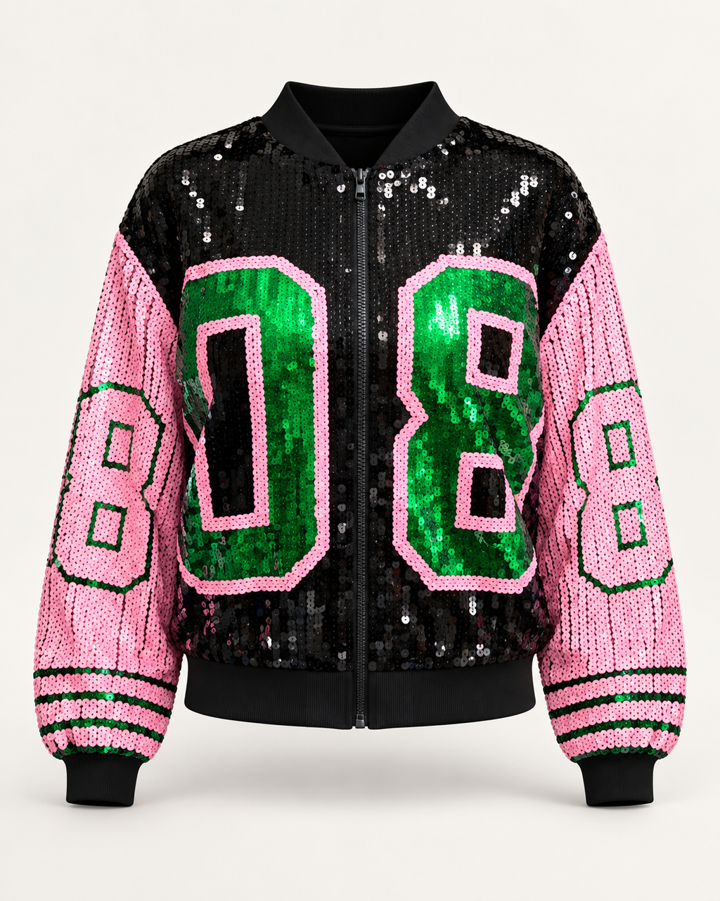 Bomber de lantejoulas rosa, verde e preto De Royal, peça vista de frente