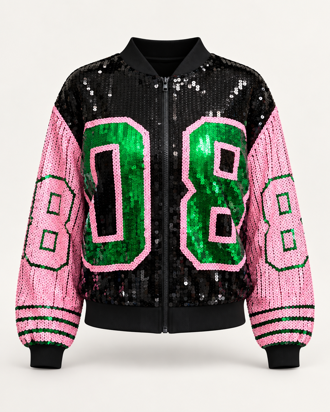 Bomber de lantejoulas rosa, verde e preto De Royal, peça vista de frente