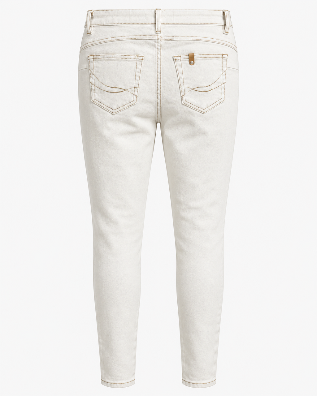 Calças skinny em ganga creme sem modelo, costas com bolsos de chapa e aplicação castanha