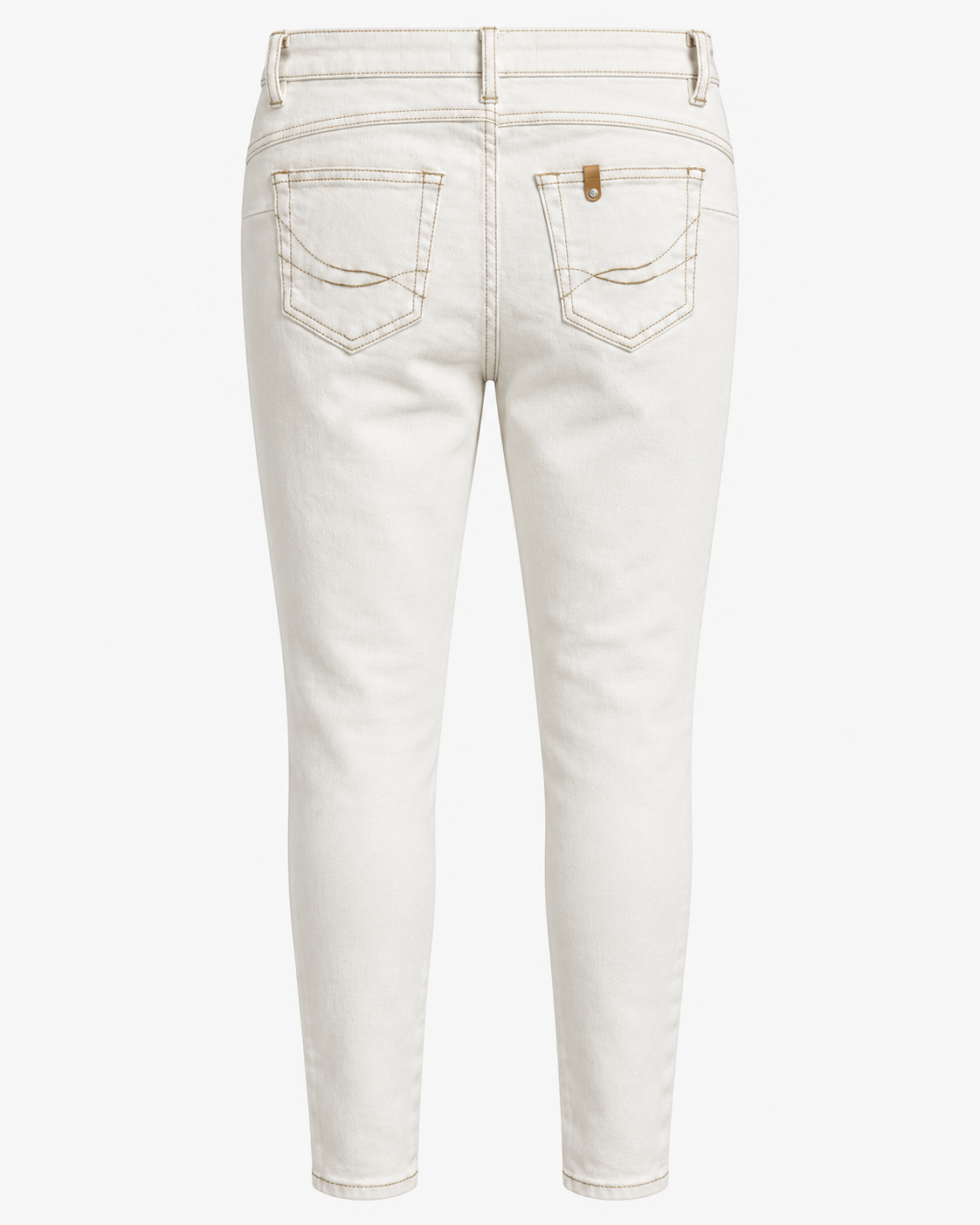 Calças skinny em ganga creme sem modelo, costas com bolsos de chapa e aplicação castanha