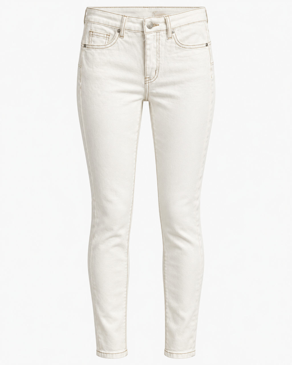 Calças skinny em ganga creme sem modelo, frente com rebites e pespontos castanhos