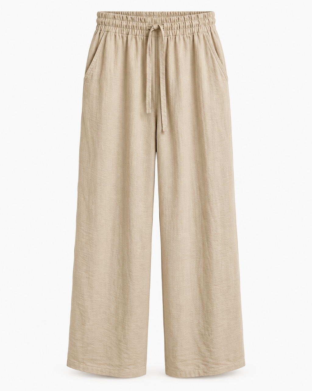 Calças wide leg bege fluidas sem modelo, cós elástico com cordão