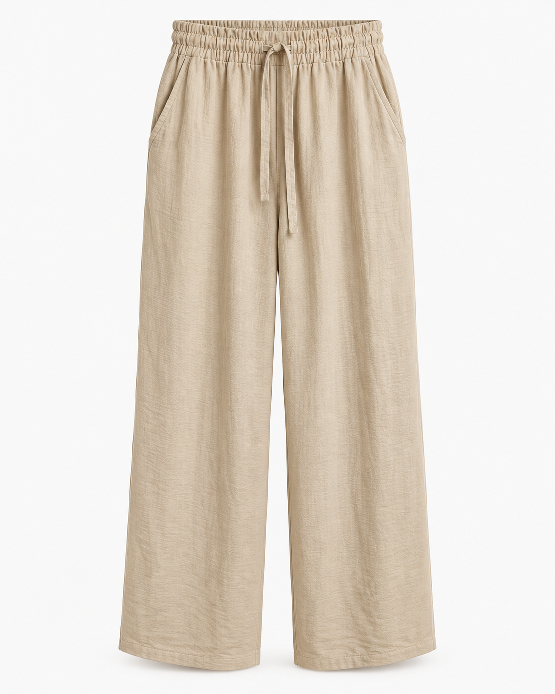 Calças wide leg bege fluidas sem modelo, cós elástico com cordão