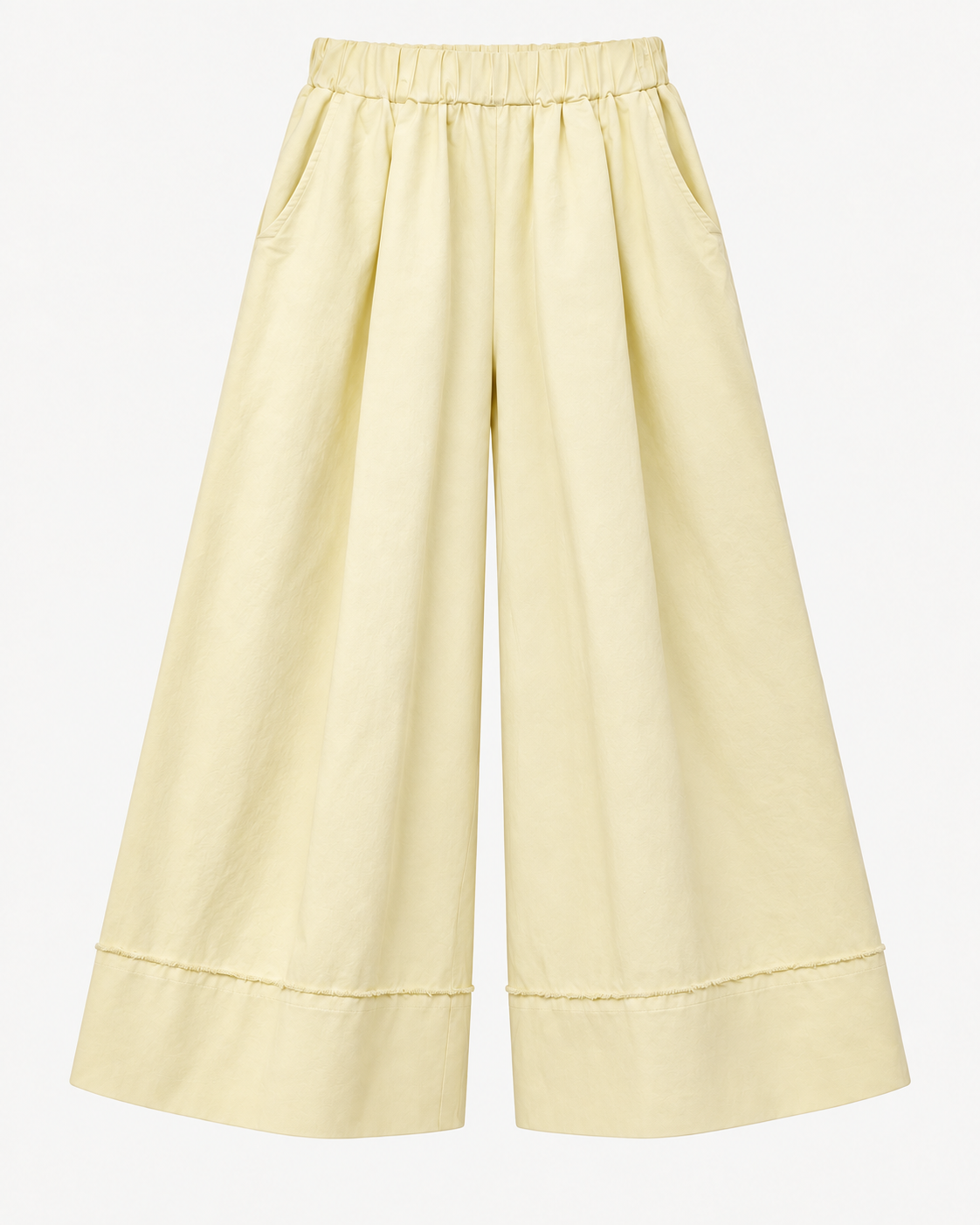 Calças culotte amarelo-manteiga de perna larga, vista de frente sem modelo