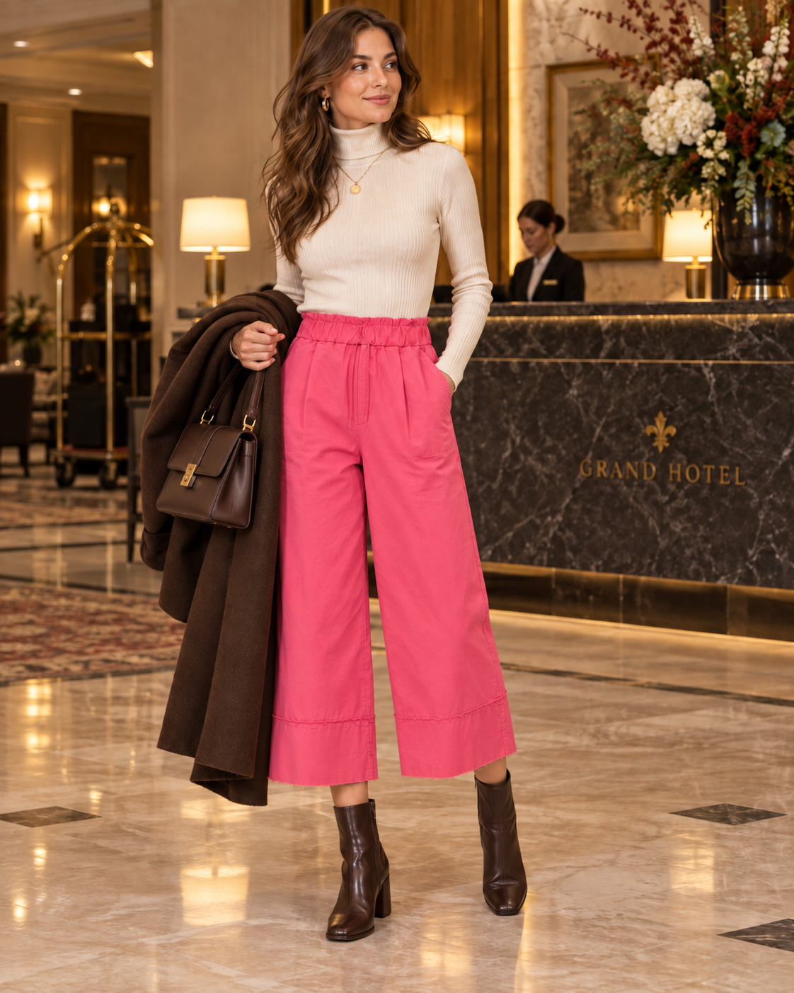 Calças culotte rosa-claro de perna larga, vista de frente com modelo