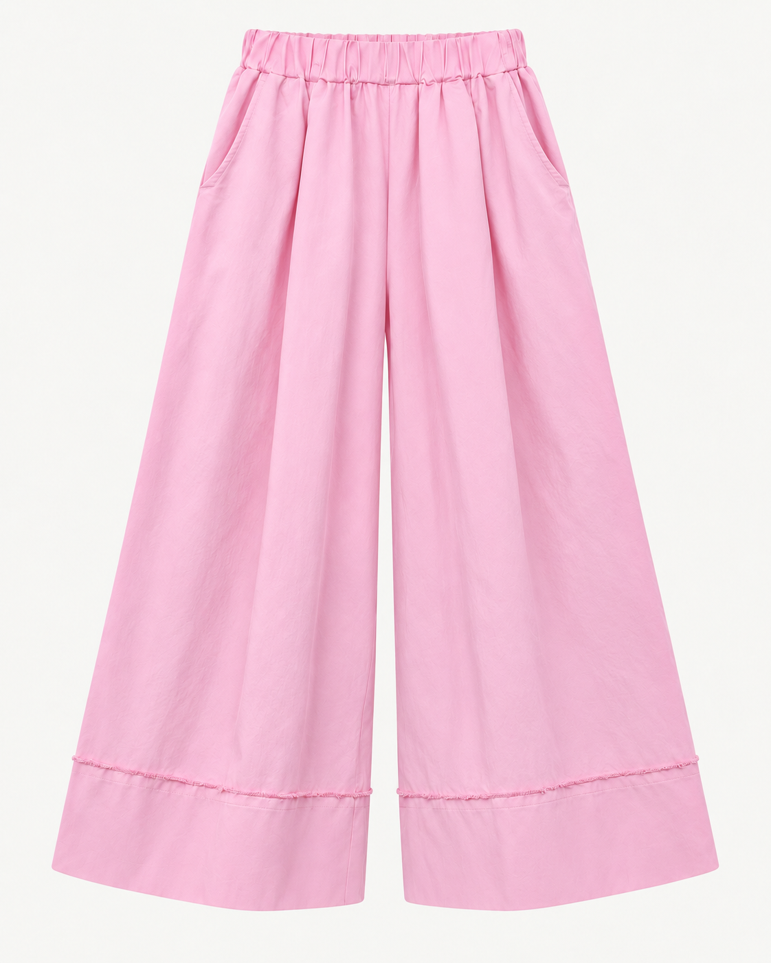Calças culotte rosa-claro de perna larga, vista de frente sem modelo