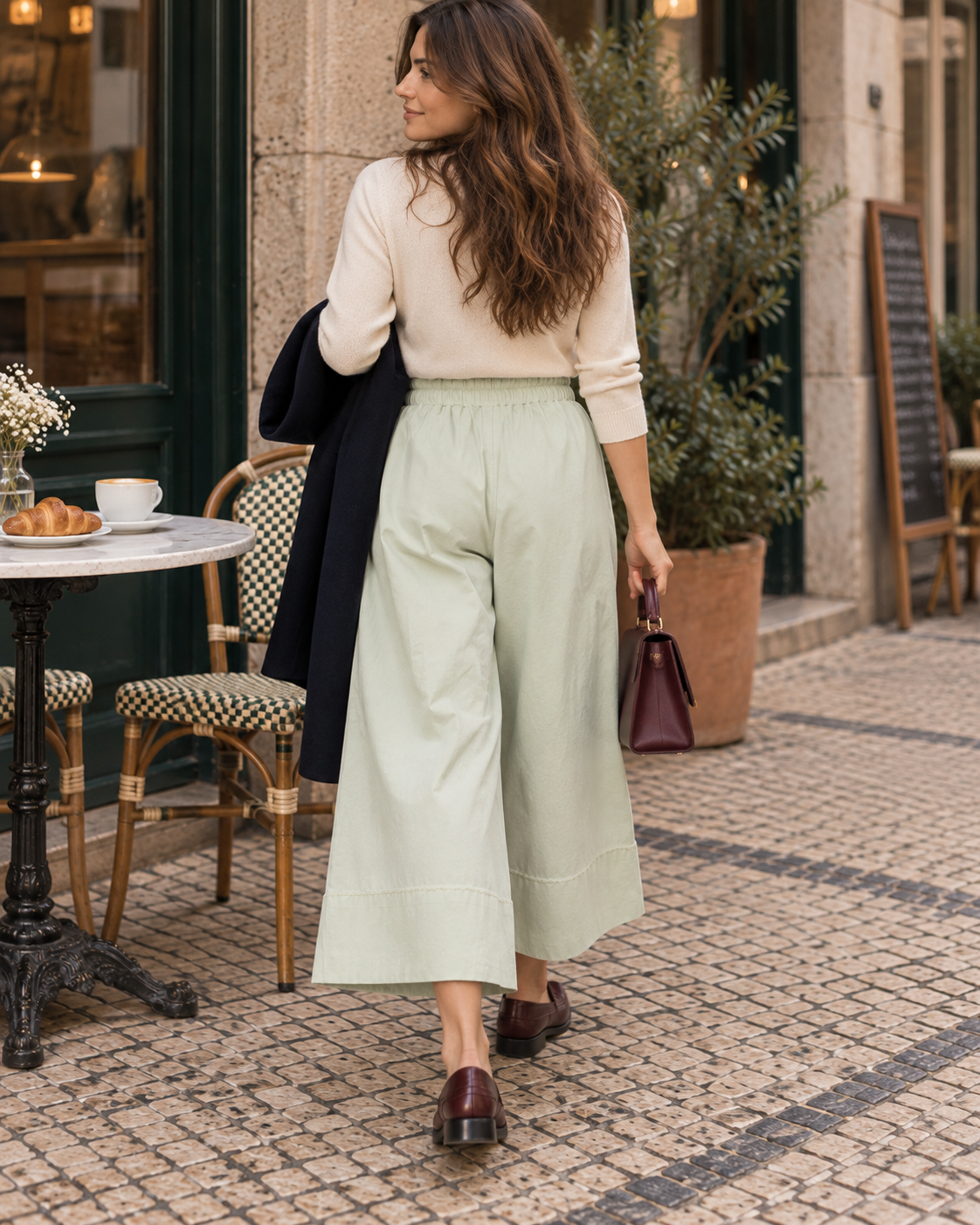 Calças culotte verde-claro muito pálido, vista de costas com modelo