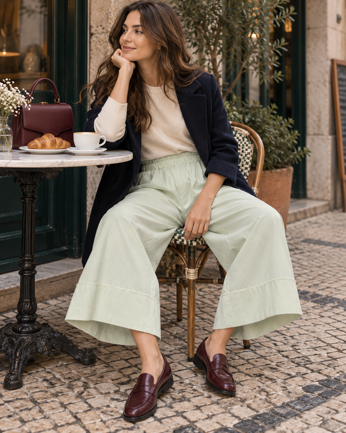 Calças culotte verde-claro muito pálido, vista de frente com modelo sentada