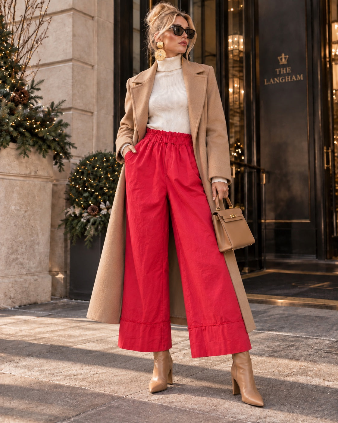 Calças culotte vermelhas de perna larga, vista de frente com modelo