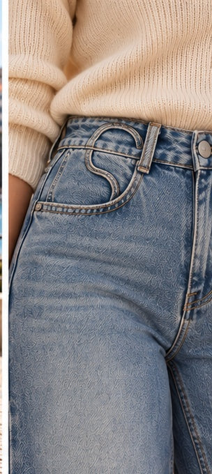 Calças de ganga wide leg azul lavada, detalhe frontal do cós e bolsos