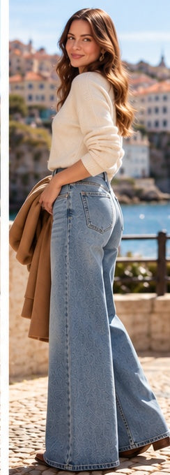 Calças de ganga wide leg azul lavada, vista três-quartos com modelo